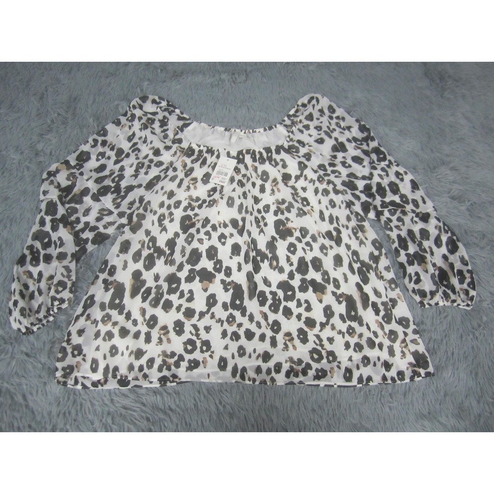 EST. 1946 Blouse Womens XL White Leopard Print Chiffon Sheer‎ Lined Peasant Top